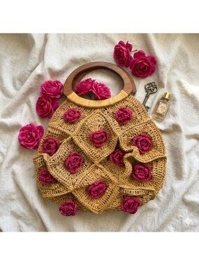 Mad Import Yellow Pink Floral Raffia Woven Crochet Style Bag Wood Handles Hippie